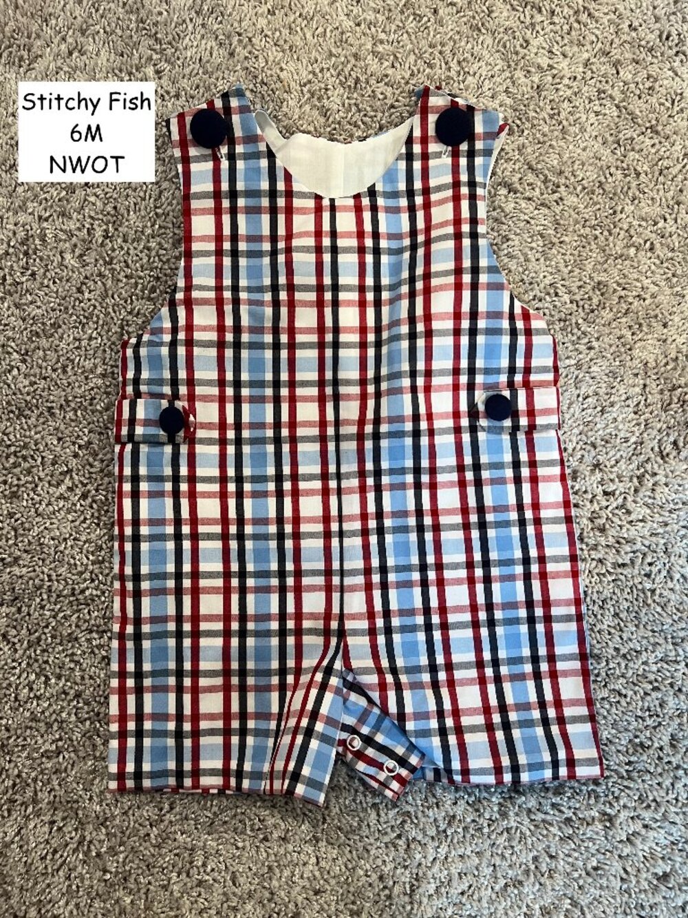 Stitchy Fish 6 Month Red, White, and Blue Plaid Jon Jon